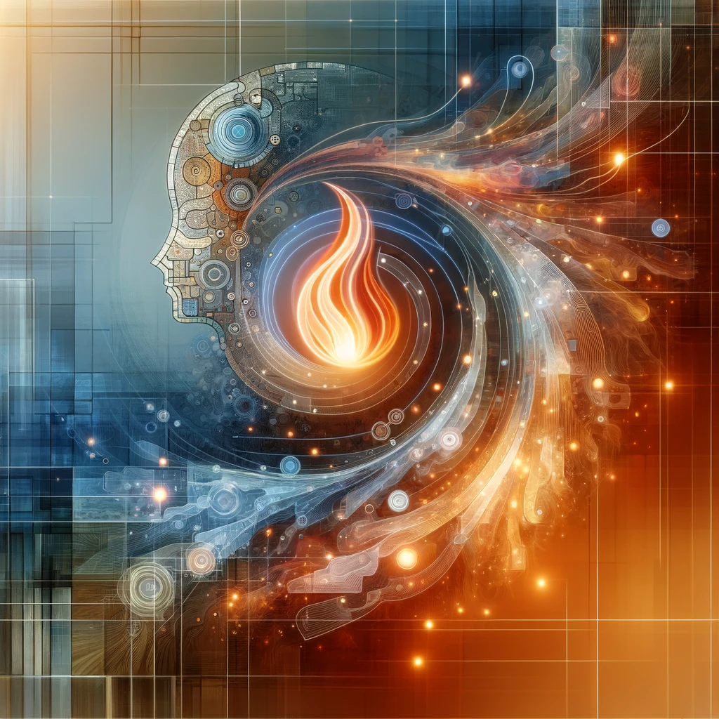 Abstract artwork depicting a human profile with a fiery swirl of light and gears, symbolizing technology and creativity, against a colorful geometric background.