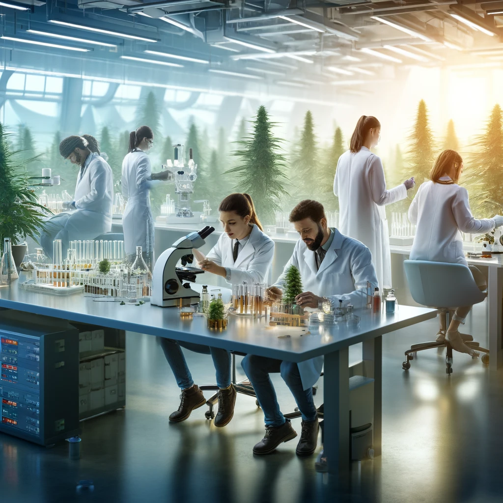 Scientists in lab coats conduct experiments in a high-tech laboratory with plants on the tables and equipment in the background, creating an atmosphere of focused scientific research.