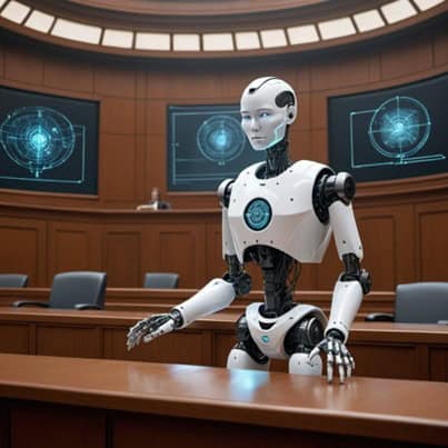 A humanoid robot stands in a modern courtroom setting, facing the front. The courtroom features wooden decor and large digital screens displaying tech visuals.
