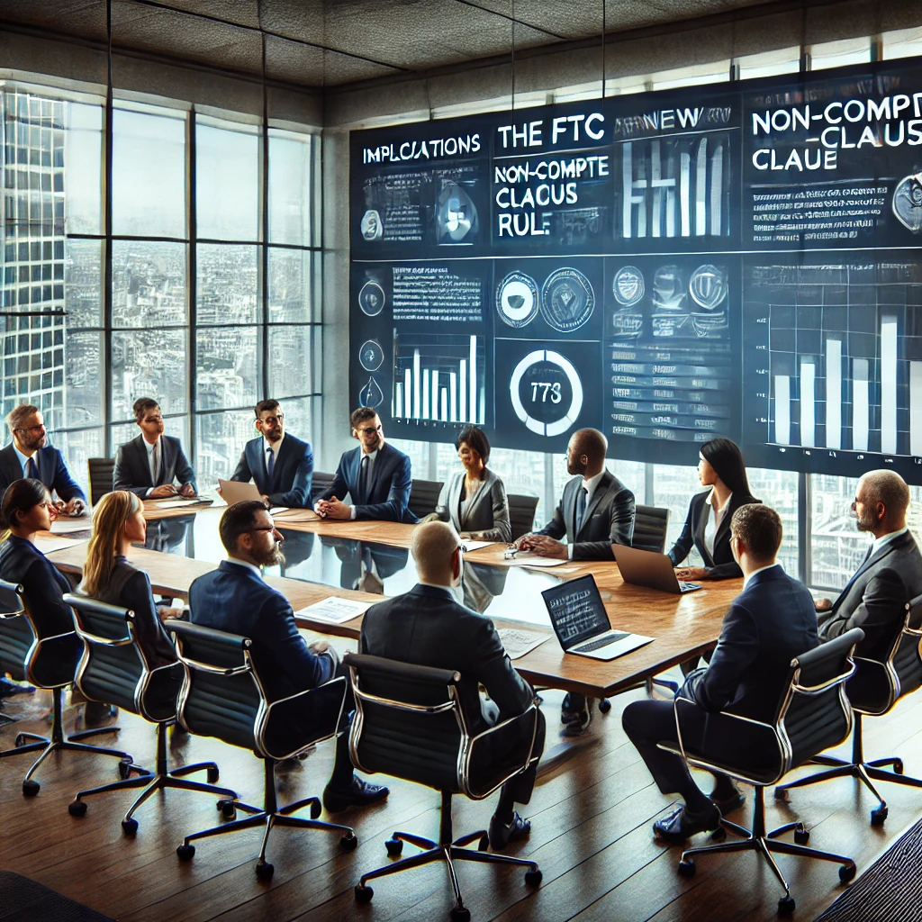 A group of professionals in a boardroom are engaged in a meeting, with large screens displaying data, graphs, and text related to "The FTC," "Non-Compete Clause," and "Implications" on the wall.