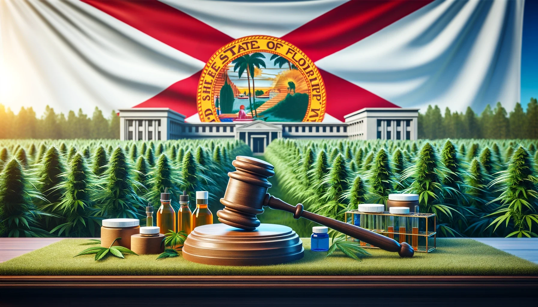 A gavel and cannabis products on a table with a Florida state flag and government buildings in the background.