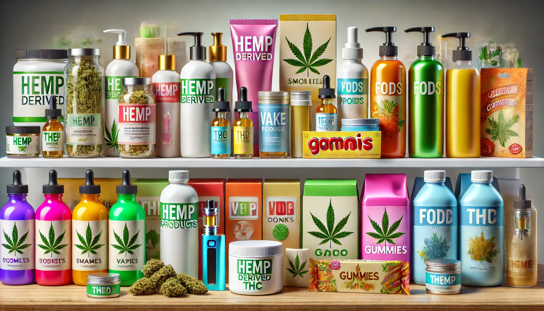 A variety of hemp-derived products are displayed on shelves, including oils, balms, capsules, gummies, and lotions, in colorful packaging. Some products feature the iconic cannabis leaf symbol.