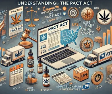 A detailed infographic explains the PACT Act with various elements like trucks, vapes, scales, and documents, including references to USPS, UPS, and state regulations.