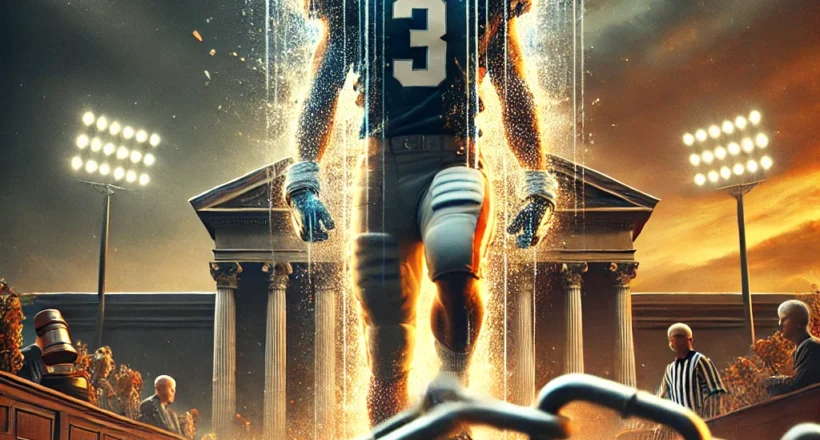 A football player wearing a number 3 jersey stands on a field with stadium lights and a courthouse in the background. The NCAA logo is shown, and chains are depicted breaking in the foreground.