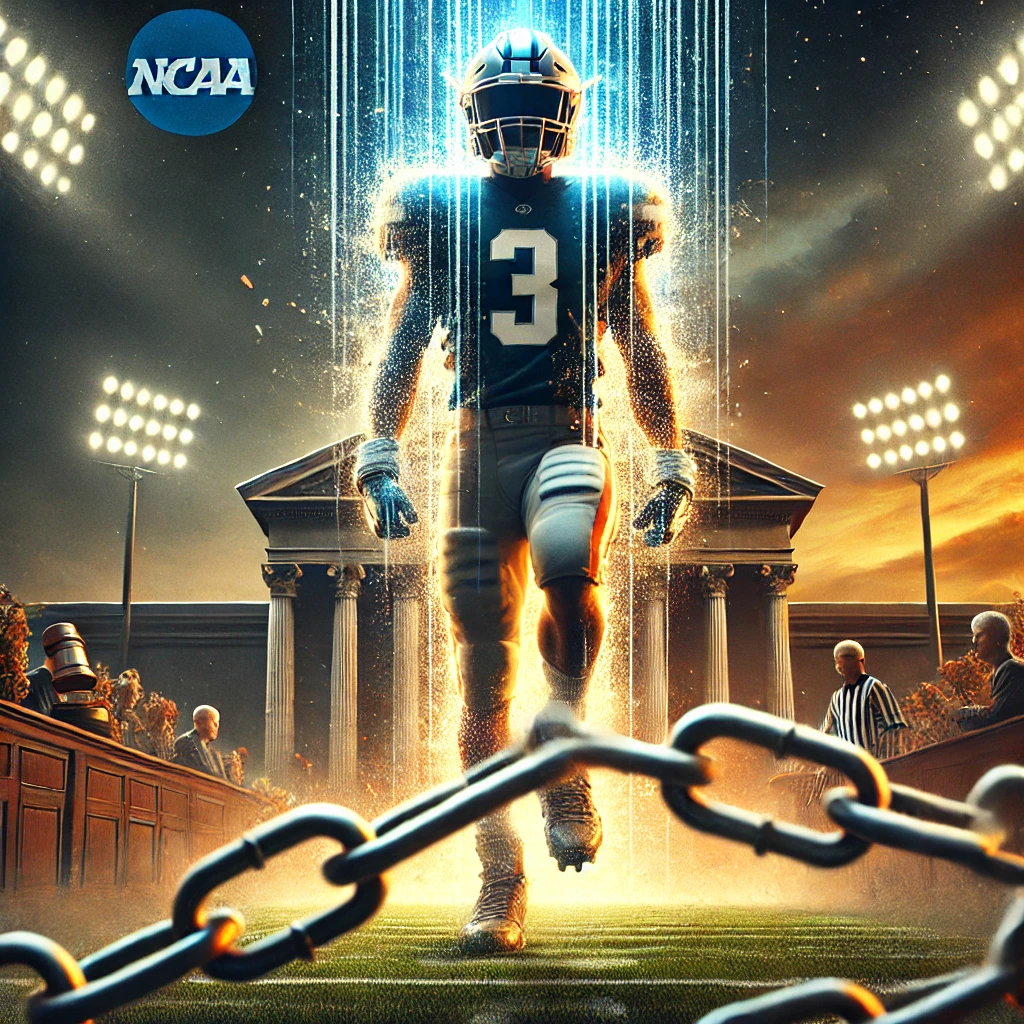 A football player wearing a number 3 jersey stands on a field with stadium lights and a courthouse in the background. The NCAA logo is shown, and chains are depicted breaking in the foreground.