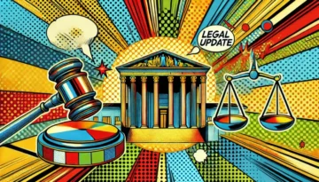 Comic-style image featuring a courthouse, gavel, scales of justice, and speech bubbles, one reading "Legal Update." Bright, colorful background with radial lines and dotted patterns.