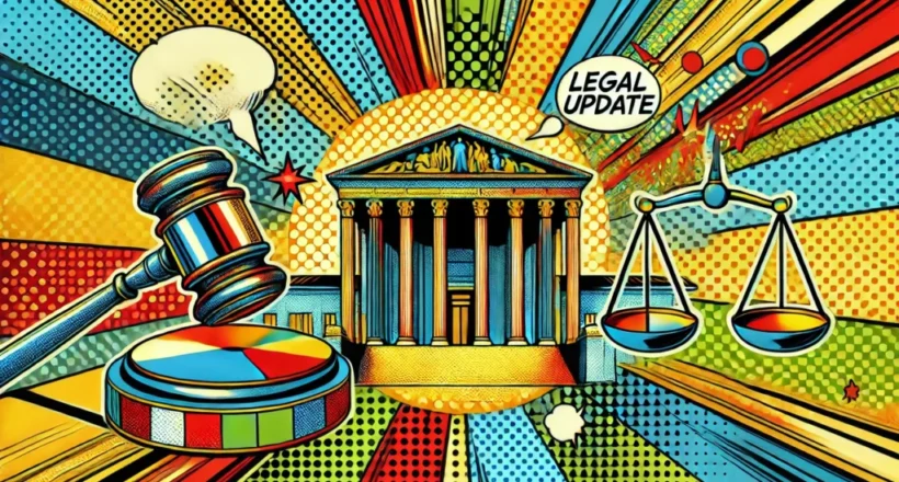 Comic-style image featuring a courthouse, gavel, scales of justice, and speech bubbles, one reading "Legal Update." Bright, colorful background with radial lines and dotted patterns.