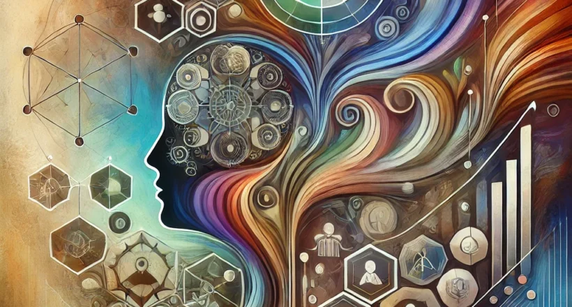 Abstract illustration depicting a human head silhouette filled with gears and icons, surrounded by flowing lines, geometric shapes, and bar graphs against a colorful, swirling background.