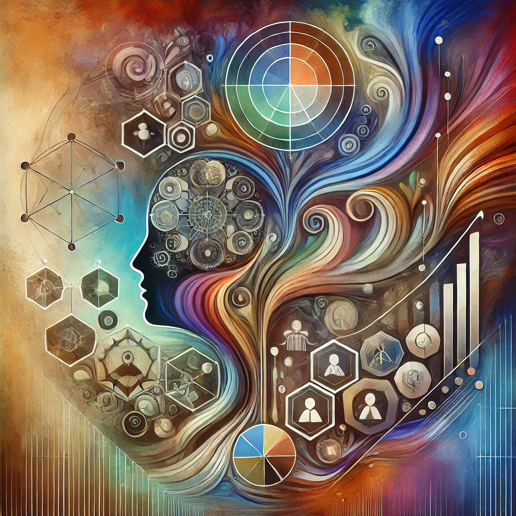 Abstract illustration depicting a human head silhouette filled with gears and icons, surrounded by flowing lines, geometric shapes, and bar graphs against a colorful, swirling background.