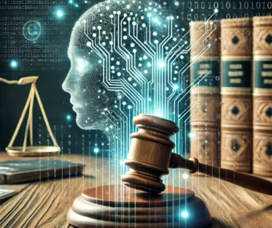 Illustration of a gavel on a table with a digital human head symbolizing artificial intelligence in the background, surrounded by binary code and legal books.