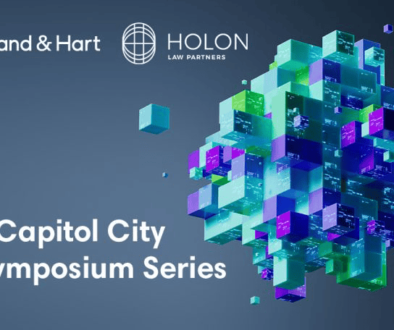 Logo of Holland & Hart and Holon Law Partners next to a colorful geometric cube pattern with the text "The Capitol City AI Symposium Series" on a dark background.