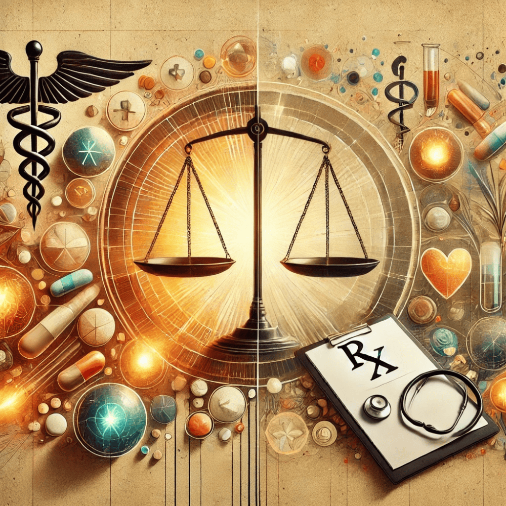 A balanced scale is surrounded by various medical symbols, including pills, a stethoscope, an RX prescription pad, and the caduceus, representing the intersection of law and medicine.