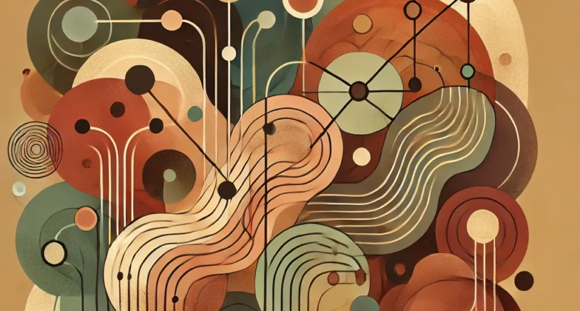 An abstract digital artwork featuring interconnected geometric shapes and lines in shades of brown, green, and beige against a muted background.
