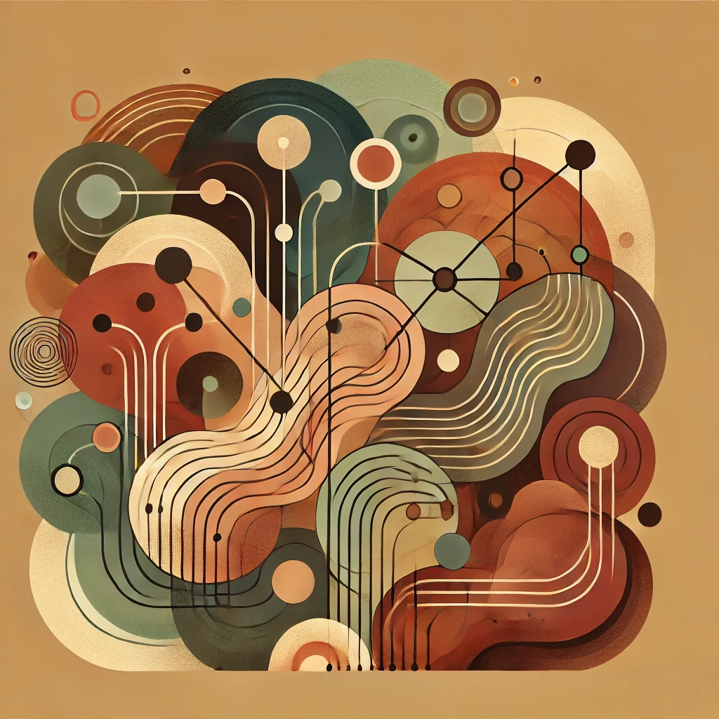 An abstract digital artwork featuring interconnected geometric shapes and lines in shades of brown, green, and beige against a muted background.