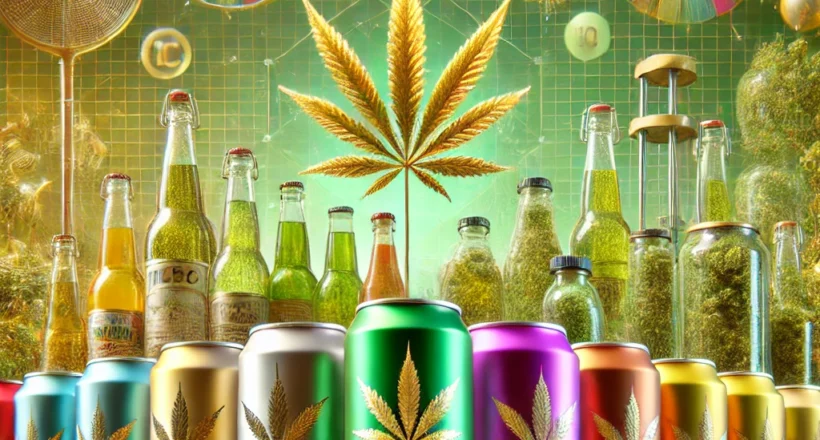 Colorful hemp-infused beverage cans and bottles with a large cannabis leaf in the background, surrounded by green and yellow glows, gears, and abstract elements.