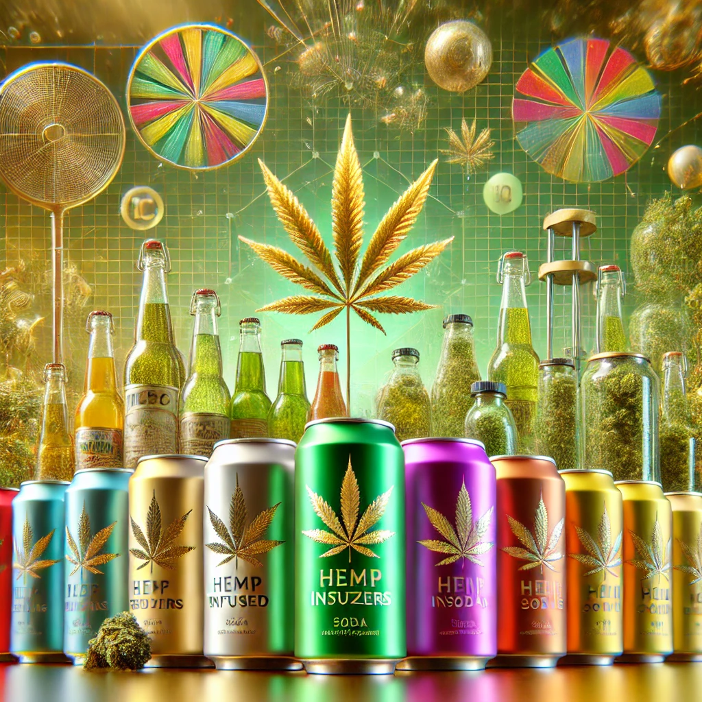 Colorful hemp-infused beverage cans and bottles with a large cannabis leaf in the background, surrounded by green and yellow glows, gears, and abstract elements.