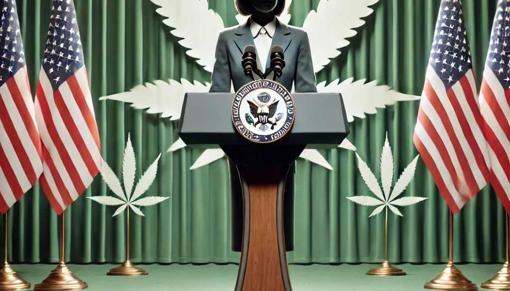 A person in a suit stands at a podium with the U.S. seal, surrounded by American flags and cannabis leaf backdrops.