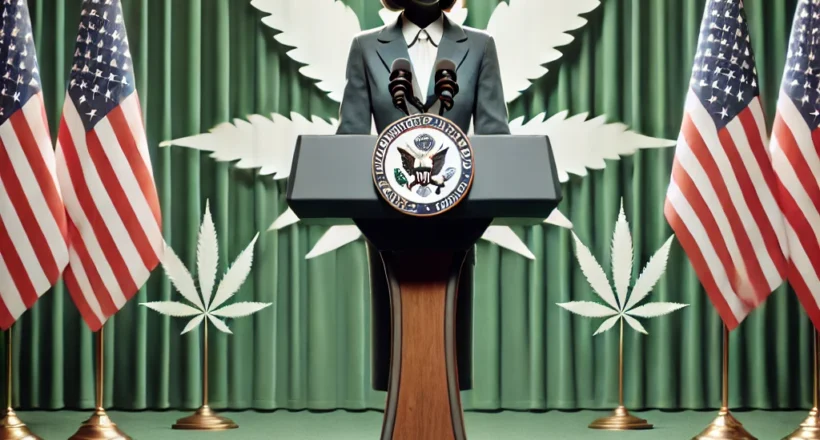 A person in a suit stands at a podium with the U.S. seal, surrounded by American flags and cannabis leaf backdrops.