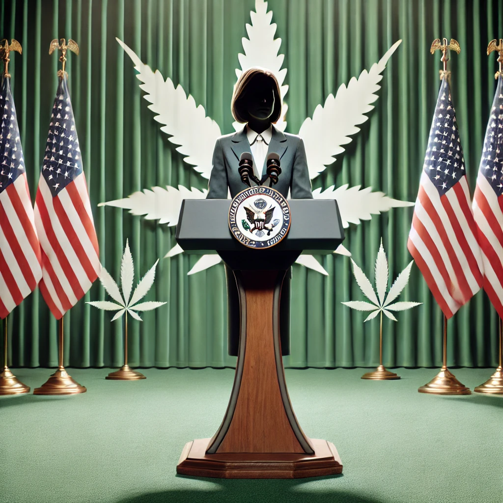 A person in a suit stands at a podium with the U.S. seal, surrounded by American flags and cannabis leaf backdrops.