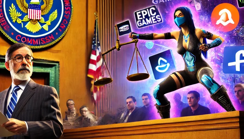 A courtroom scene features the FTC and a character holding scales, with logos of Epic Games, Meta, and other tech firms in the background.