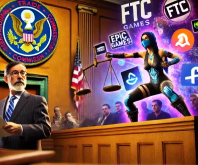 A courtroom scene features the FTC and a character holding scales, with logos of Epic Games, Meta, and other tech firms in the background.