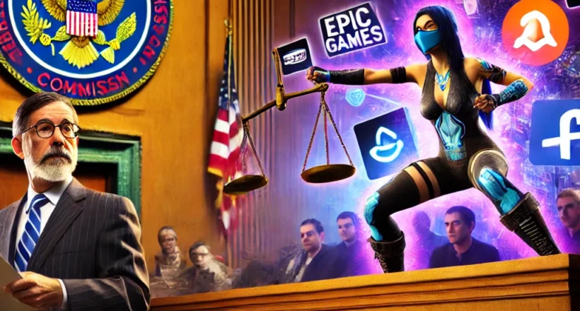 A courtroom scene features the FTC and a character holding scales, with logos of Epic Games, Meta, and other tech firms in the background.