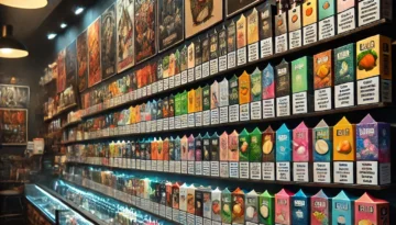 A well-lit store shelf displays a wide variety of vape juice boxes in colorful packaging, with artwork and more products above and below the shelves.