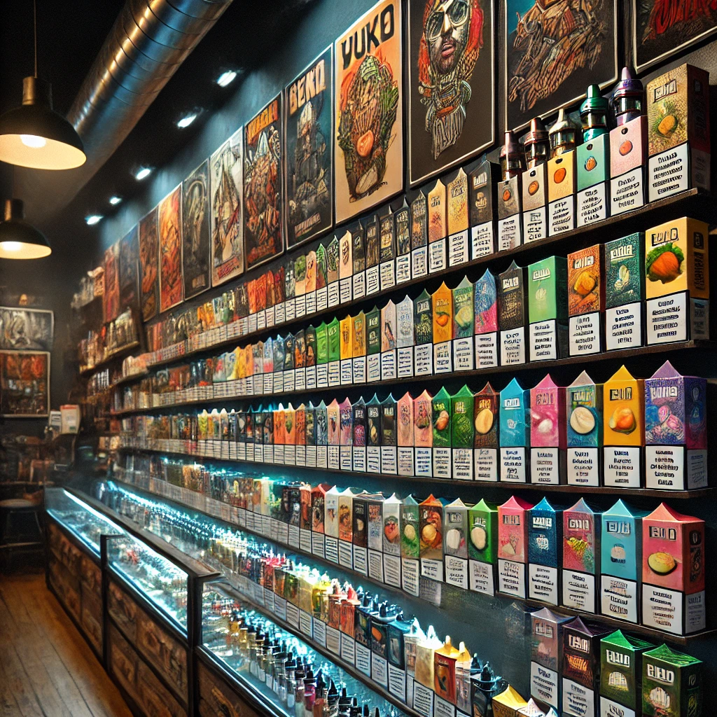 A well-lit store shelf displays a wide variety of vape juice boxes in colorful packaging, with artwork and more products above and below the shelves.