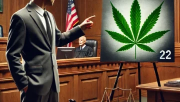 A lawyer in a courtroom points at a large poster displaying a cannabis leaf with the number 22. A judge sits in the background.