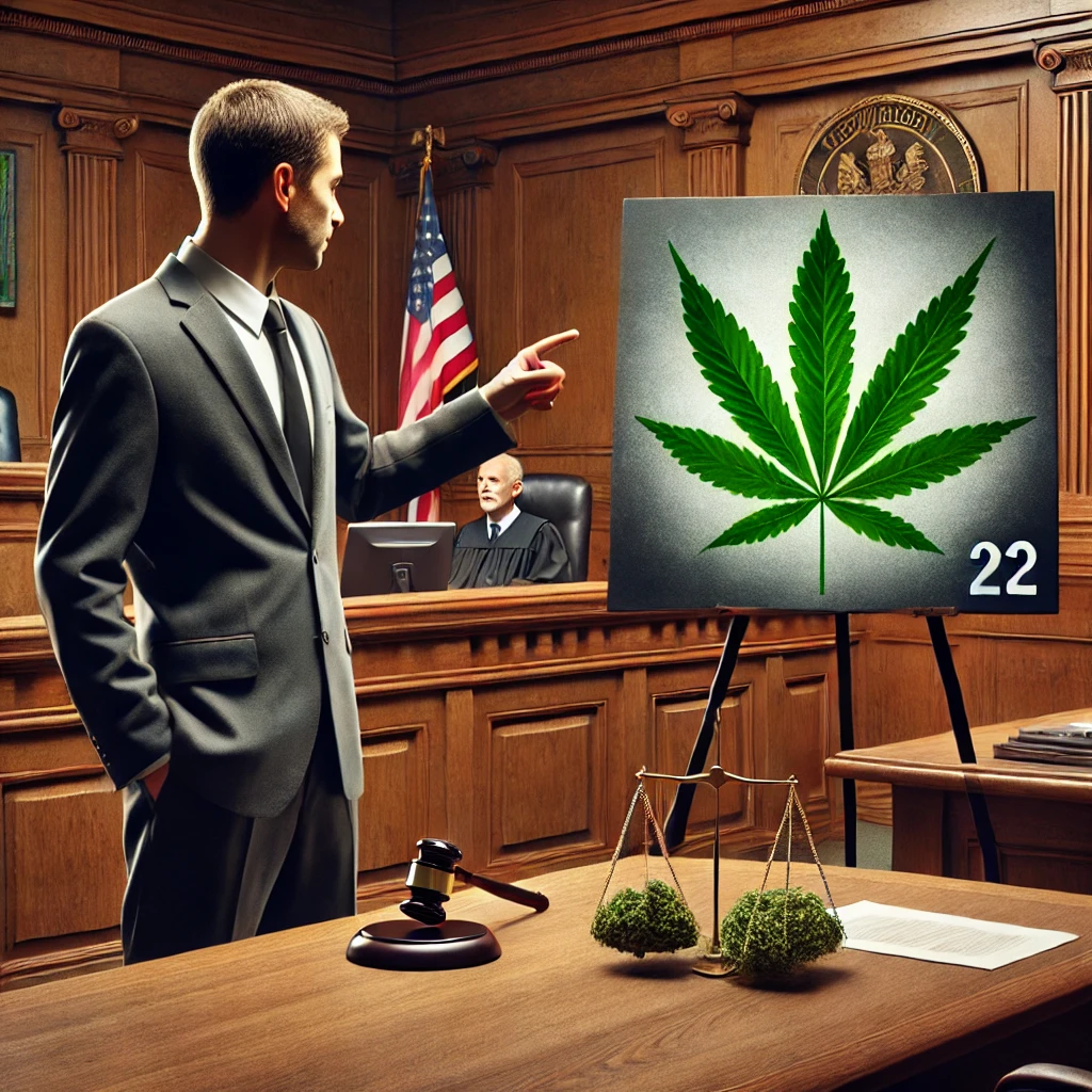A lawyer in a courtroom points at a large poster displaying a cannabis leaf with the number 22. A judge sits in the background.