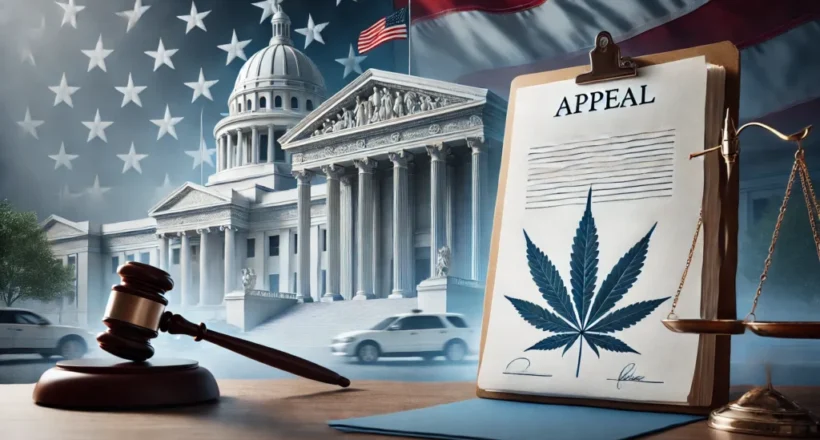 A gavel, scales, and a clipboard with a cannabis leaf and "Appeal" text are set against a backdrop of the U.S. Capitol and flag.