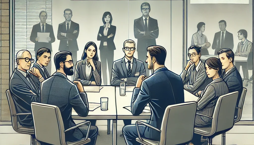 A group of people sit around a table in a meeting room labeled "Union Discussion." Another group is visible through glass in a room labeled "Voluntary Discussion.