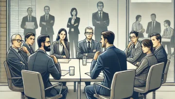 A group of people sit around a table in a meeting room labeled "Union Discussion." Another group is visible through glass in a room labeled "Voluntary Discussion.