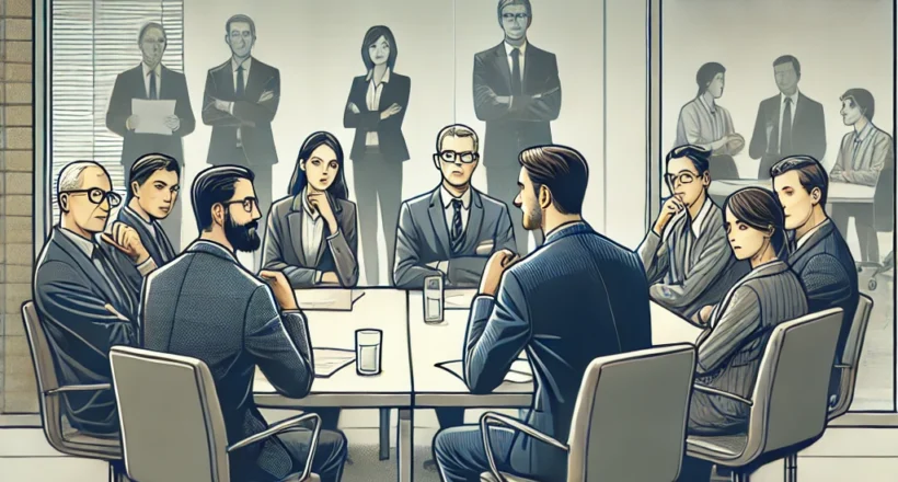 A group of people sit around a table in a meeting room labeled "Union Discussion." Another group is visible through glass in a room labeled "Voluntary Discussion.