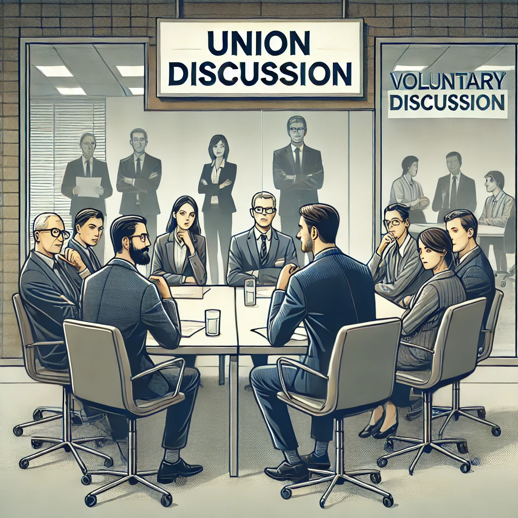 A group of people sit around a table in a meeting room labeled "Union Discussion." Another group is visible through glass in a room labeled "Voluntary Discussion.