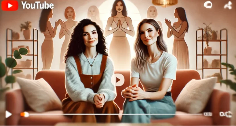 Two women sitting on a sofa, smiling at the camera, with illustrations of other women clapping in the background.
