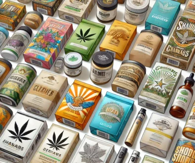 A variety of cannabis product packaging, including boxes, jars, and bottles, with various designs and labels featuring cannabis leaves and branding.