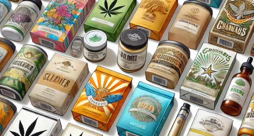 A variety of cannabis product packaging, including boxes, jars, and bottles, with various designs and labels featuring cannabis leaves and branding.