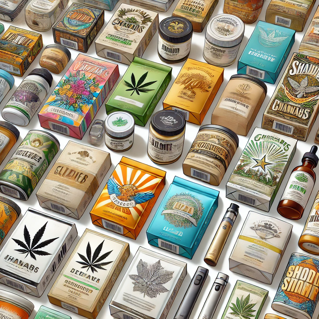 A variety of cannabis product packaging, including boxes, jars, and bottles, with various designs and labels featuring cannabis leaves and branding.