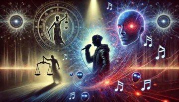 Surreal artwork featuring a singer, glowing cosmic elements, scales of justice, music notes, and abstract faces, blending themes of music, law, and cosmic energy.
