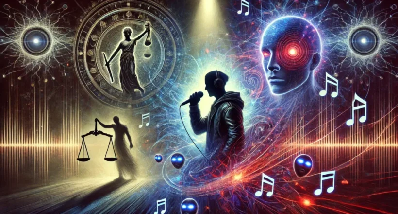 Surreal artwork featuring a singer, glowing cosmic elements, scales of justice, music notes, and abstract faces, blending themes of music, law, and cosmic energy.