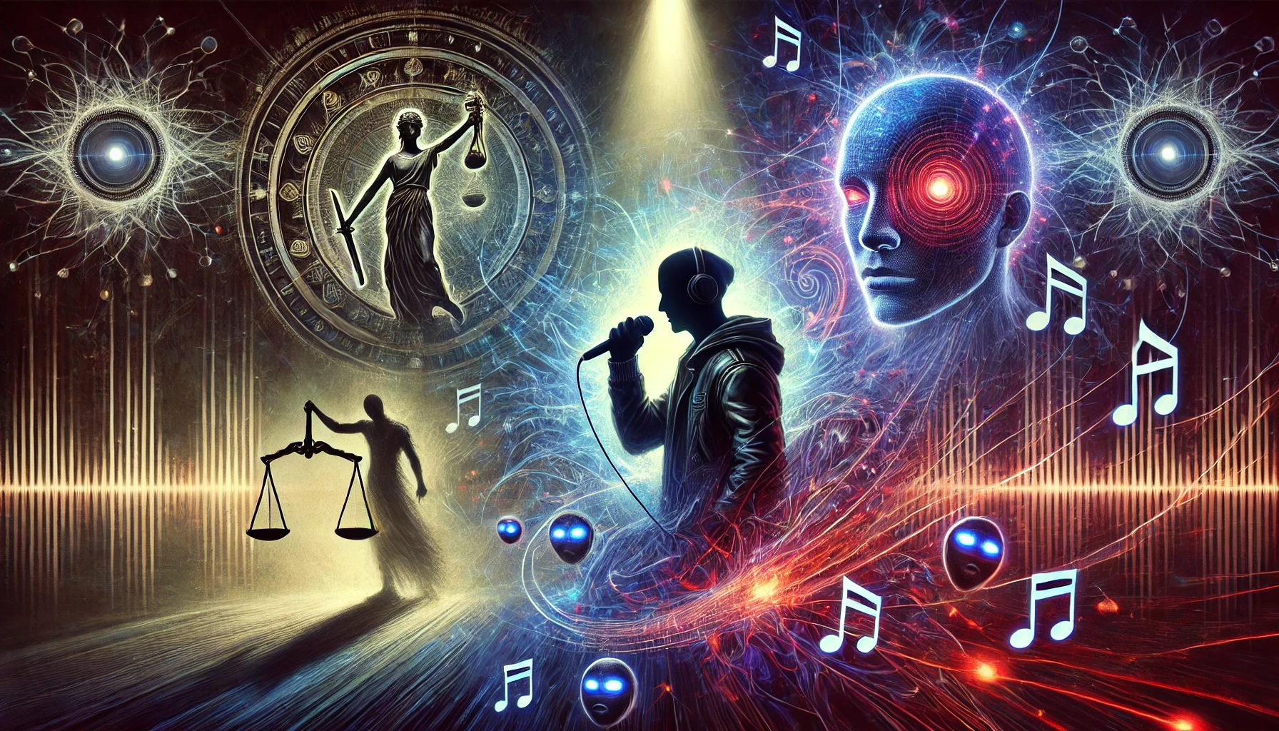 Surreal artwork featuring a singer, glowing cosmic elements, scales of justice, music notes, and abstract faces, blending themes of music, law, and cosmic energy.