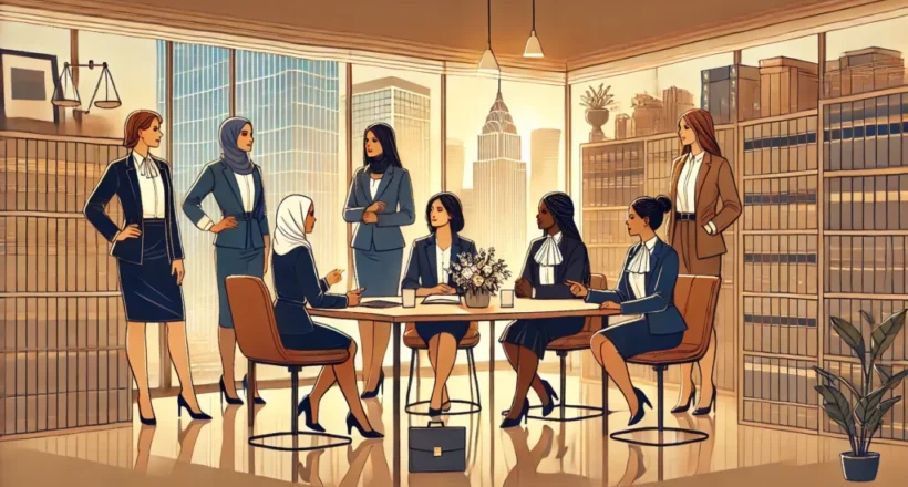 A group of women in business attire engage in discussion around a table in a modern office with large windows, bookshelves, and a cityscape view.
